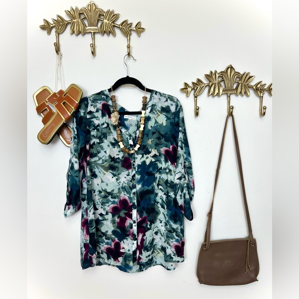🍃Pleione Teal Multi Floral V-Neck Button-Front Tunic Xl ptp 24” l 30”